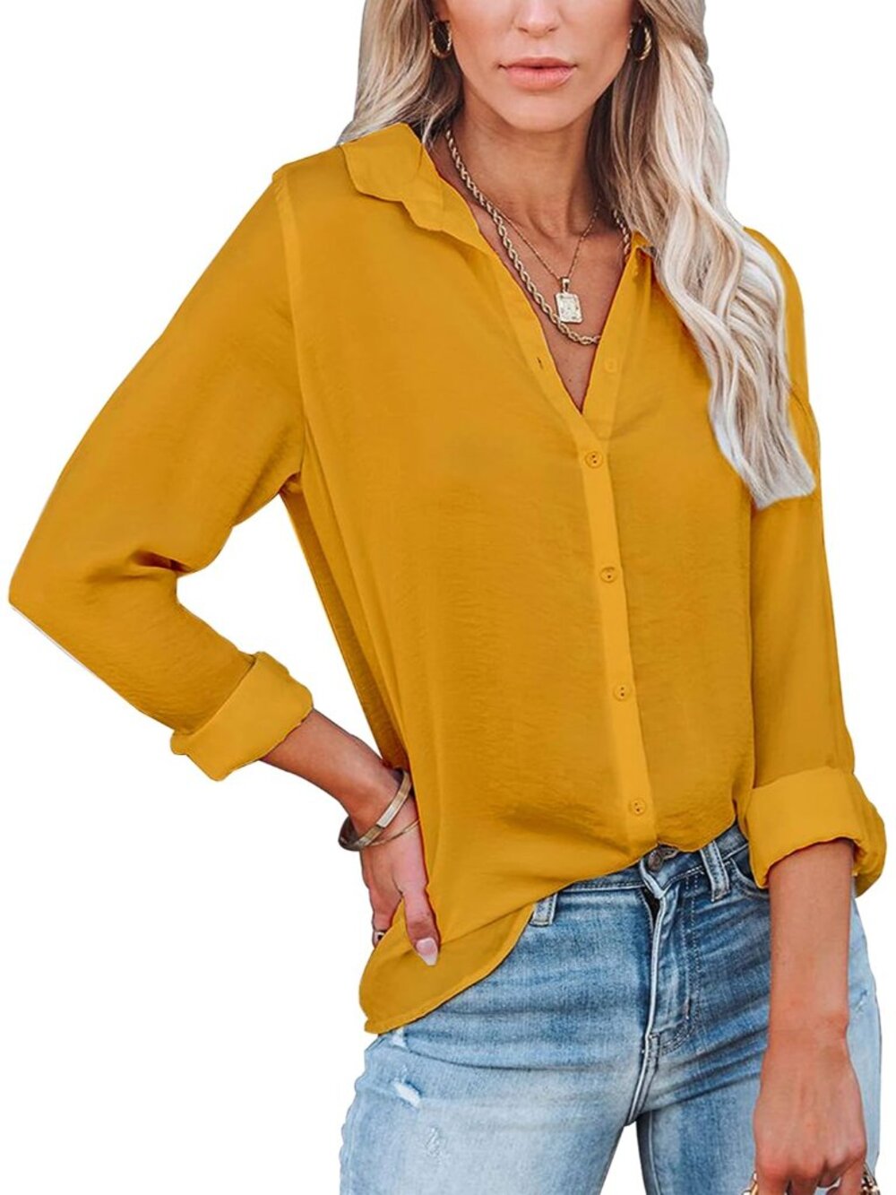 Womens Button Down V Neck Shirts Long/Short Sleeve Office Casual Business Plain